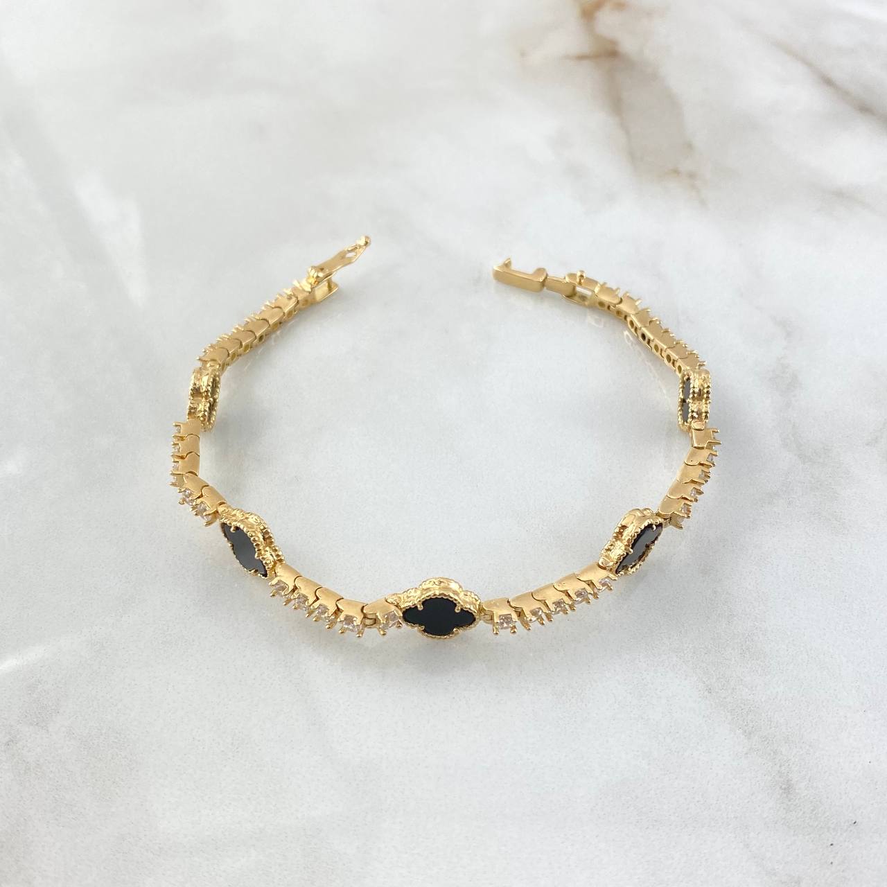 Bracelet Tennis Clover VCyA 14.15gr / 18cm / 2.8mm Black Onyx Dotted White Zircons Yellow Gold 18K *