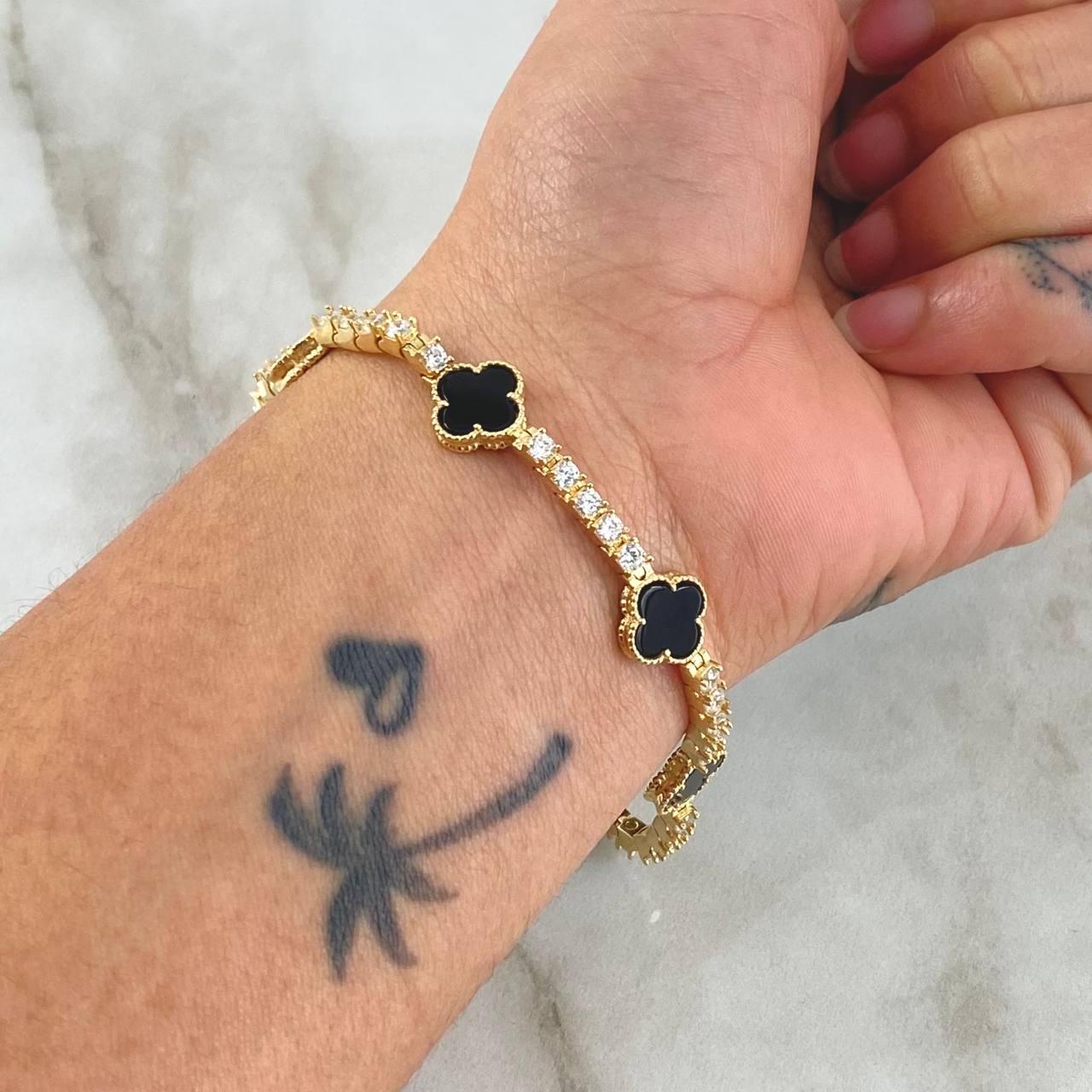 Bracelet Tennis Clover VCyA 14.15gr / 18cm / 2.8mm Black Onyx Dotted White Zircons Yellow Gold 18K *