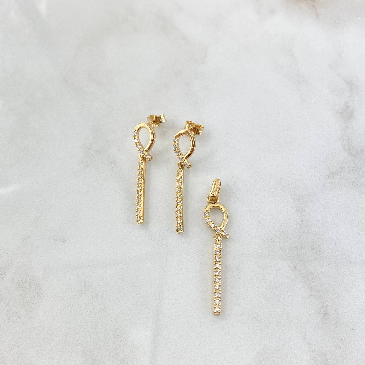 Crossed Loop Set 3.9g / Stud Earrings 3cm Pendant 3.7cm White Zirconia Yellow Gold 18K *
