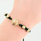 Green and Black Woven Bracelet Charm of Archangel Michael Diamond Cut Beads Two Yellow and White Gold 18K
