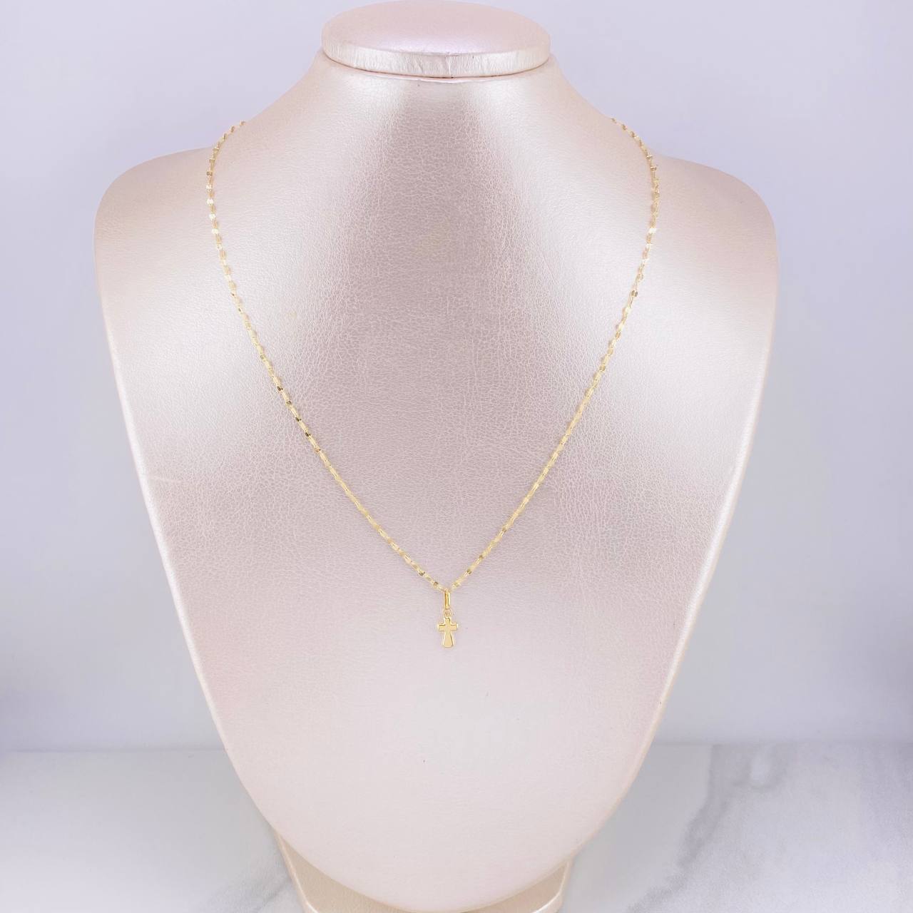 Set Cadena Flor Espejo + Dije Cruz / 1.25g / 18 in Oro Amarillo 18K