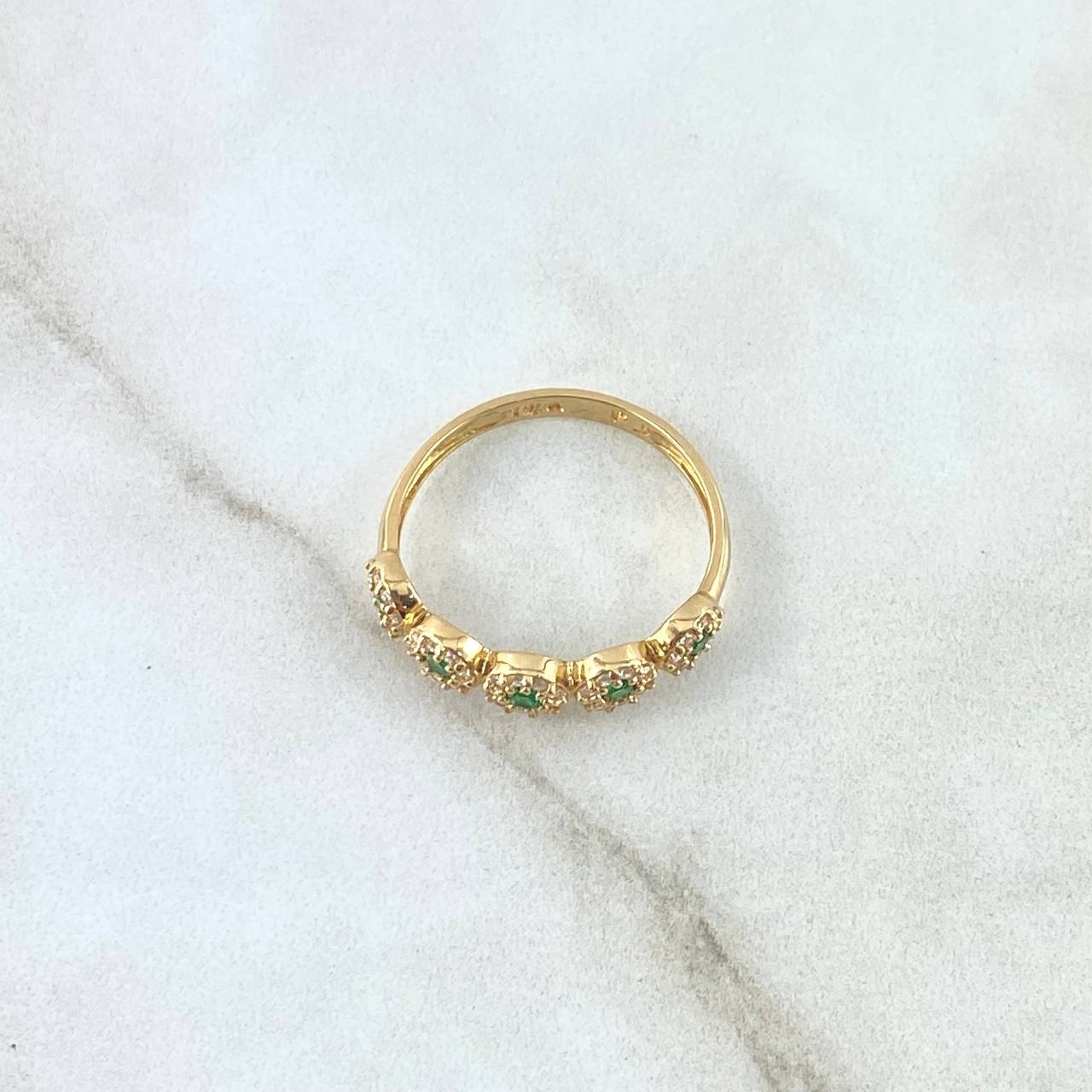 Dense Circles Ring 2.2gr / T6 3/4 / White Zircons Green 18K Yellow Gold