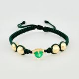 Green Woven Bracelet Plain Beads Emerald Heart 60pts Yellow Gold 18K