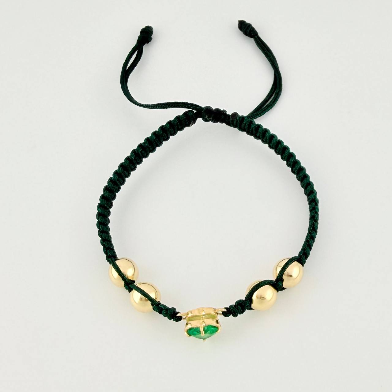 Green Woven Bracelet Plain Beads Emerald Heart 60pts Yellow Gold 18K