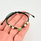 Green Woven Bracelet Plain Beads Emerald Heart 60pts Yellow Gold 18K