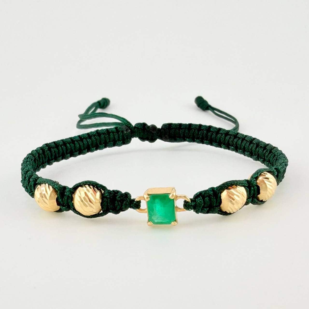 Pulsera Tejida Verde Bolas Diamantadas Cuadrado Esmeralda 70pts Oro Amarillo 18K