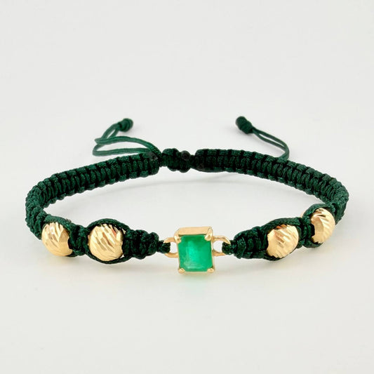 Pulsera Tejida Verde Bolas Diamantadas Cuadrado Esmeralda 70pts Oro Amarillo 18K