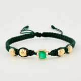 Pulsera Tejida Verde Bolas Diamantadas Cuadrado Esmeralda 70pts Oro Amarillo 18K
