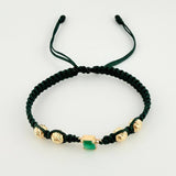Pulsera Tejida Verde Bolas Diamantadas Cuadrado Esmeralda 70pts Oro Amarillo 18K