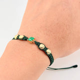Pulsera Tejida Verde Bolas Diamantadas Cuadrado Esmeralda 70pts Oro Amarillo 18K