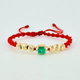 Red Woven Bracelet Diamond Cut Beads Emerald Square 70pts Yellow Gold 18K