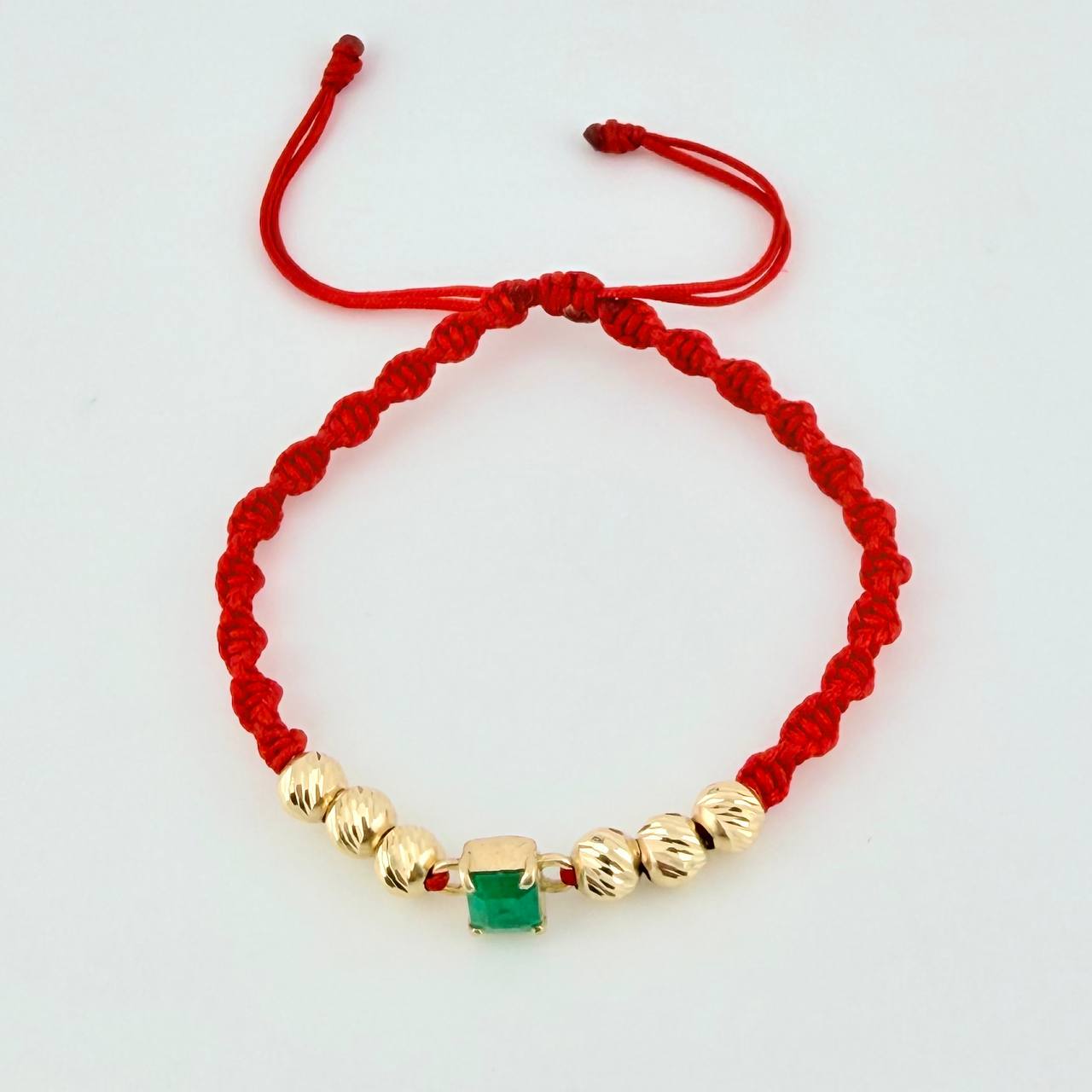Red Woven Bracelet Diamond Cut Beads Emerald Square 70pts Yellow Gold 18K