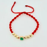 Red Woven Bracelet Diamond Cut Beads Emerald Square 70pts Yellow Gold 18K