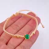 Pulsera Tejida Rosa Bolas Diamantadas Cuadrado Esmeralda 70pts Oro Amarillo 18K