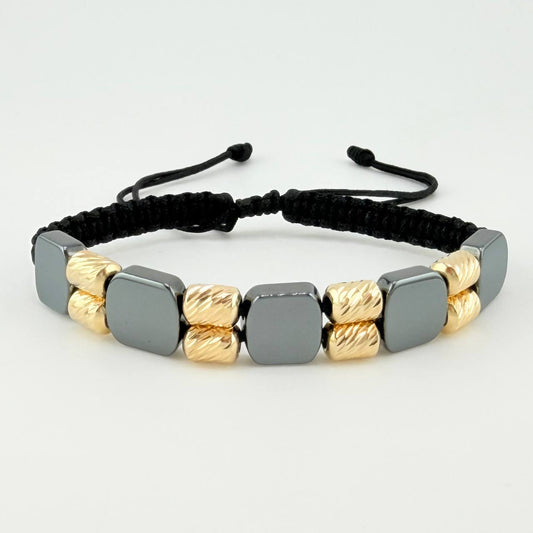 Pulsera Tejida Negra Cilindros Diamantados Piedra Hematita Oro Amarillo 18K *