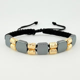 Pulsera Tejida Negra Cilindros Diamantados Piedra Hematita Oro Amarillo 18K