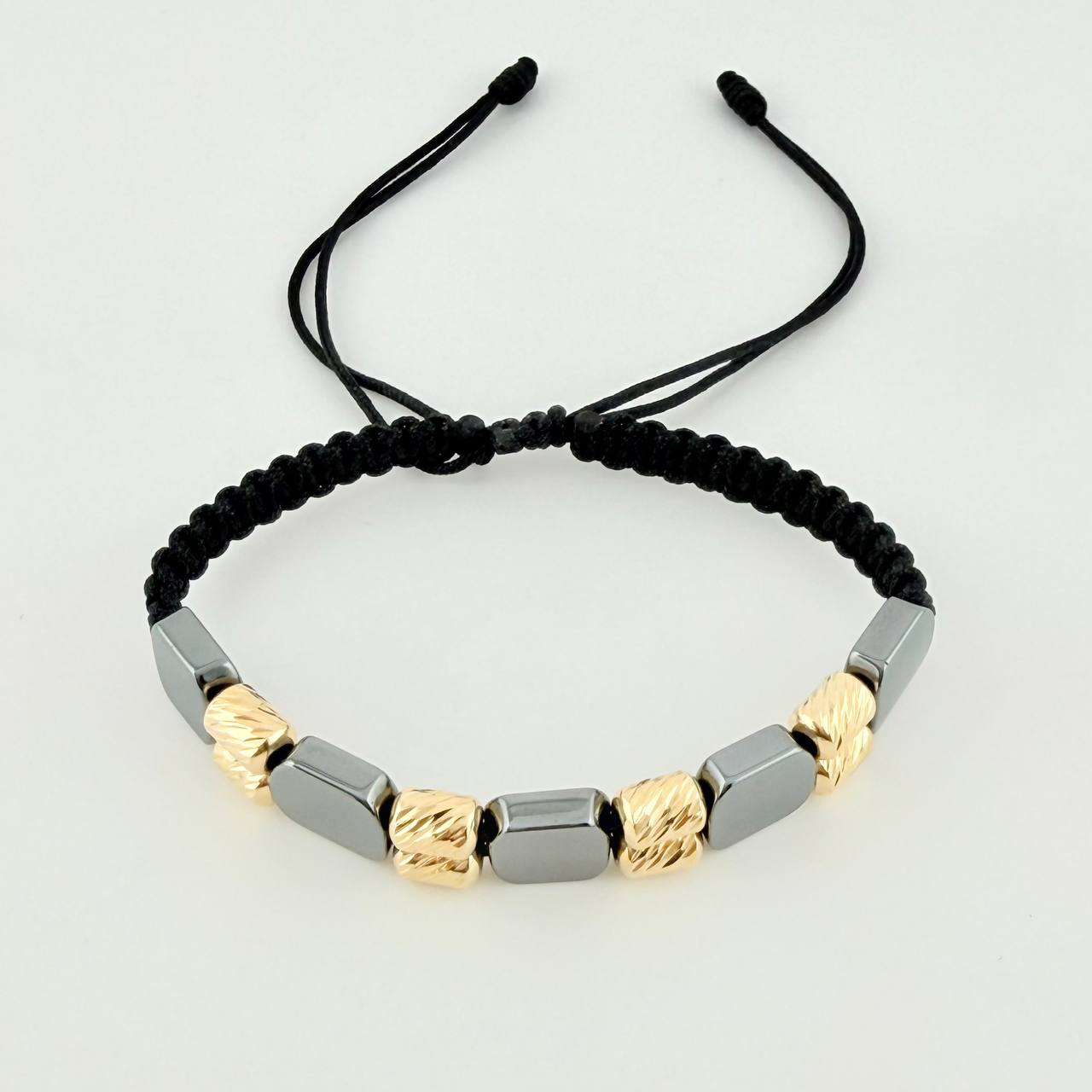 Pulsera Tejida Negra Cilindros Diamantados Piedra Hematita Oro Amarillo 18K *