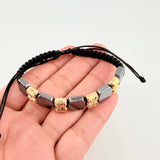 Pulsera Tejida Negra Cilindros Diamantados Piedra Hematita Oro Amarillo 18K *