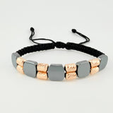 Black Woven Bracelet Diamond Cut Cylinders Hematite Stone 18K Rose Gold