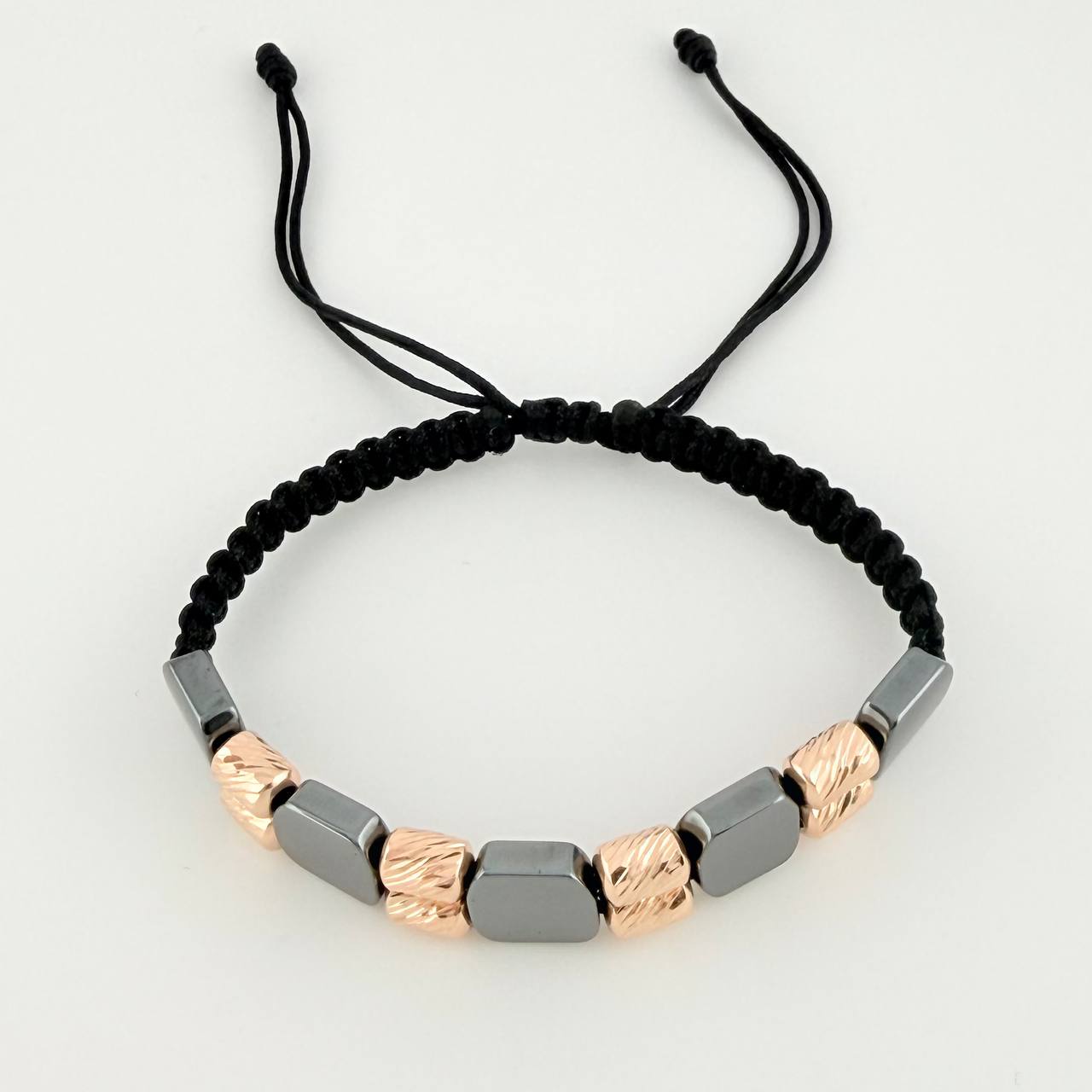 Black Woven Bracelet Diamond Cut Cylinders Hematite Stone 18K Rose Gold
