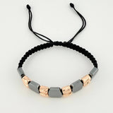 Black Woven Bracelet Diamond Cut Cylinders Hematite Stone 18K Rose Gold