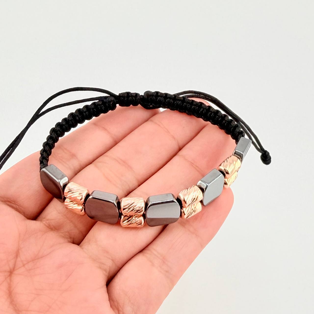 Black Woven Bracelet Diamond Cut Cylinders Hematite Stone 18K Rose Gold
