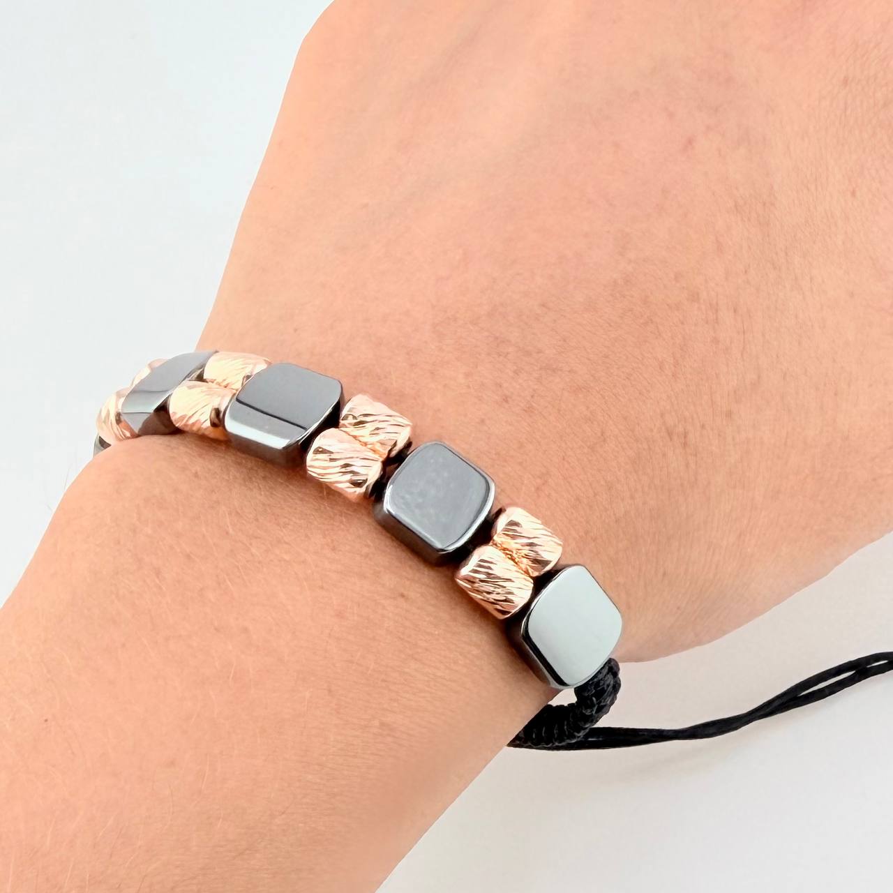 Black Woven Bracelet Diamond Cut Cylinders Hematite Stone 18K Rose Gold
