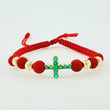 Red Woven Bracelet Diamond Cut Beads Emerald Cross 43pts 18K Yellow Gold