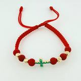 Red Woven Bracelet Diamond Cut Beads Emerald Cross 43pts 18K Yellow Gold