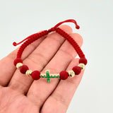 Red Woven Bracelet Diamond Cut Beads Emerald Cross 43pts 18K Yellow Gold