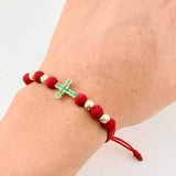 Red Woven Bracelet Diamond Cut Beads Emerald Cross 43pts 18K Yellow Gold