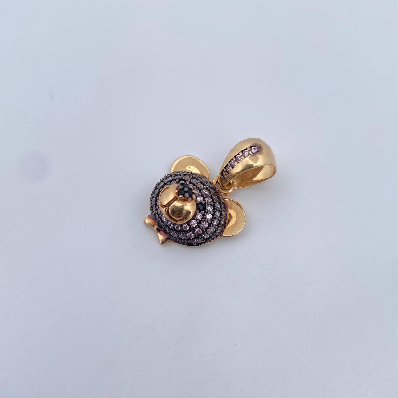 Pendant Bear Face 3gr / 2.1cm / Pink and Black Zircons Two-tone Black and Yellow 18K Gold &
