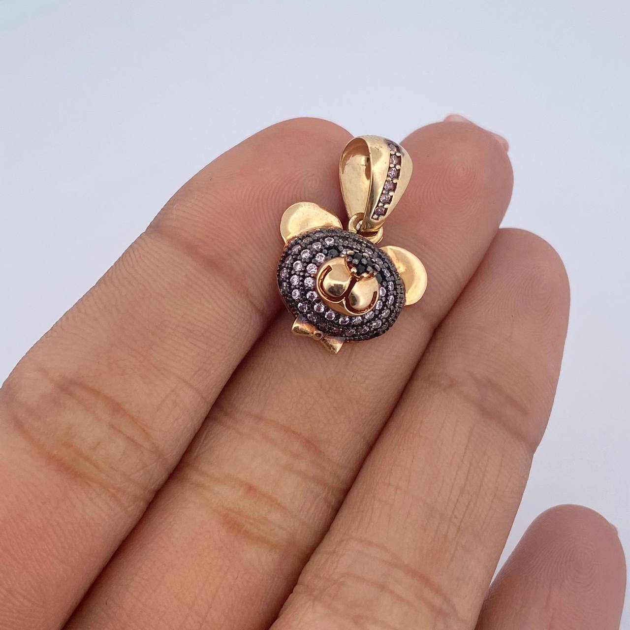 Pendant Bear Face 3gr / 2.1cm / Pink and Black Zircons Two-tone Black and Yellow 18K Gold &