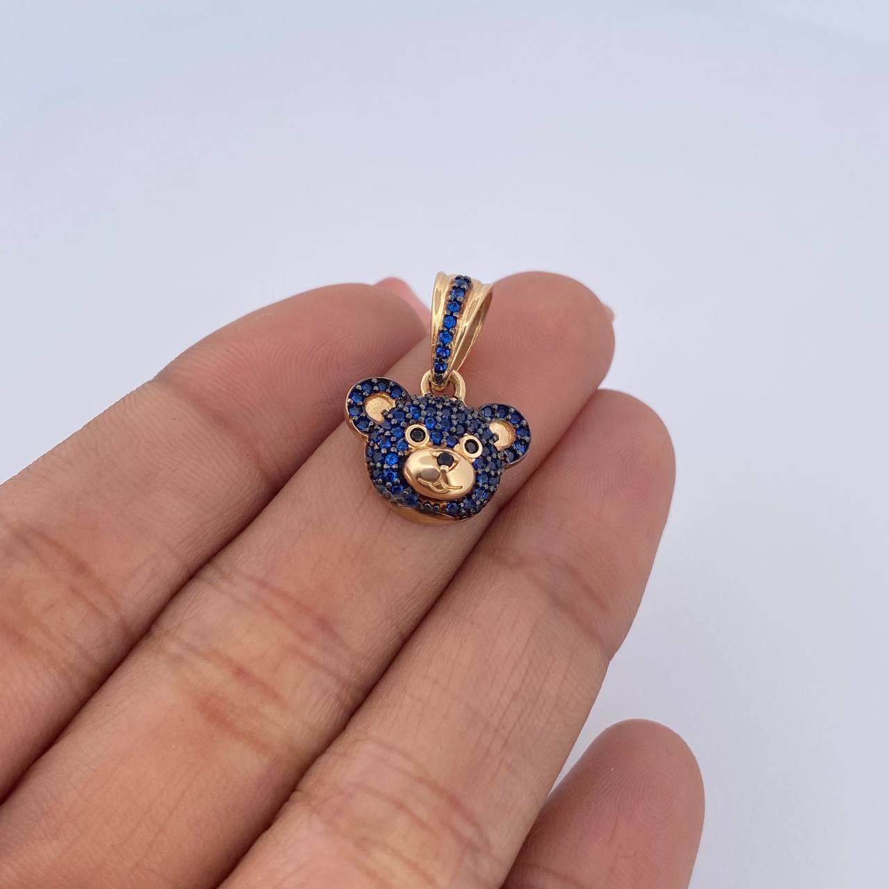 Pendant Bear Face 2.55gr / 2cm / Blue Black Zircons 18K Yellow Gold &