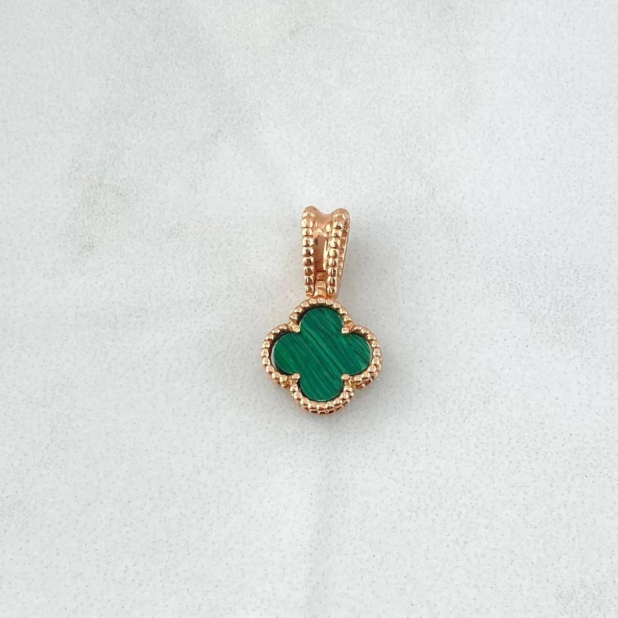 Dije Trebol VCyA 1.4gr / 2cm / Malaquita Verde Punteado Circones Blancos Oro Rosa 18K ©