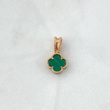 Dije Trebol VCyA 1.4gr / 2cm / Malaquita Verde Punteado Circones Blancos Oro Rosa 18K ©