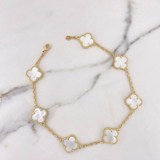 Ankle bracelet Classic Link Clover 19.25gr / 29cm / 2mm White Mother-of-Pearl 18K Yellow Gold #