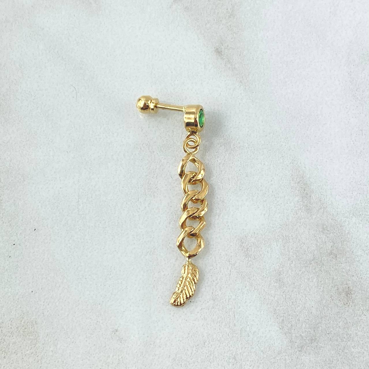 Piercing Bisel Pluma Colgante 1.05gr / 3.4cm / Rosca Bola Circon Verde Oro Amarillo 18K (Joya)