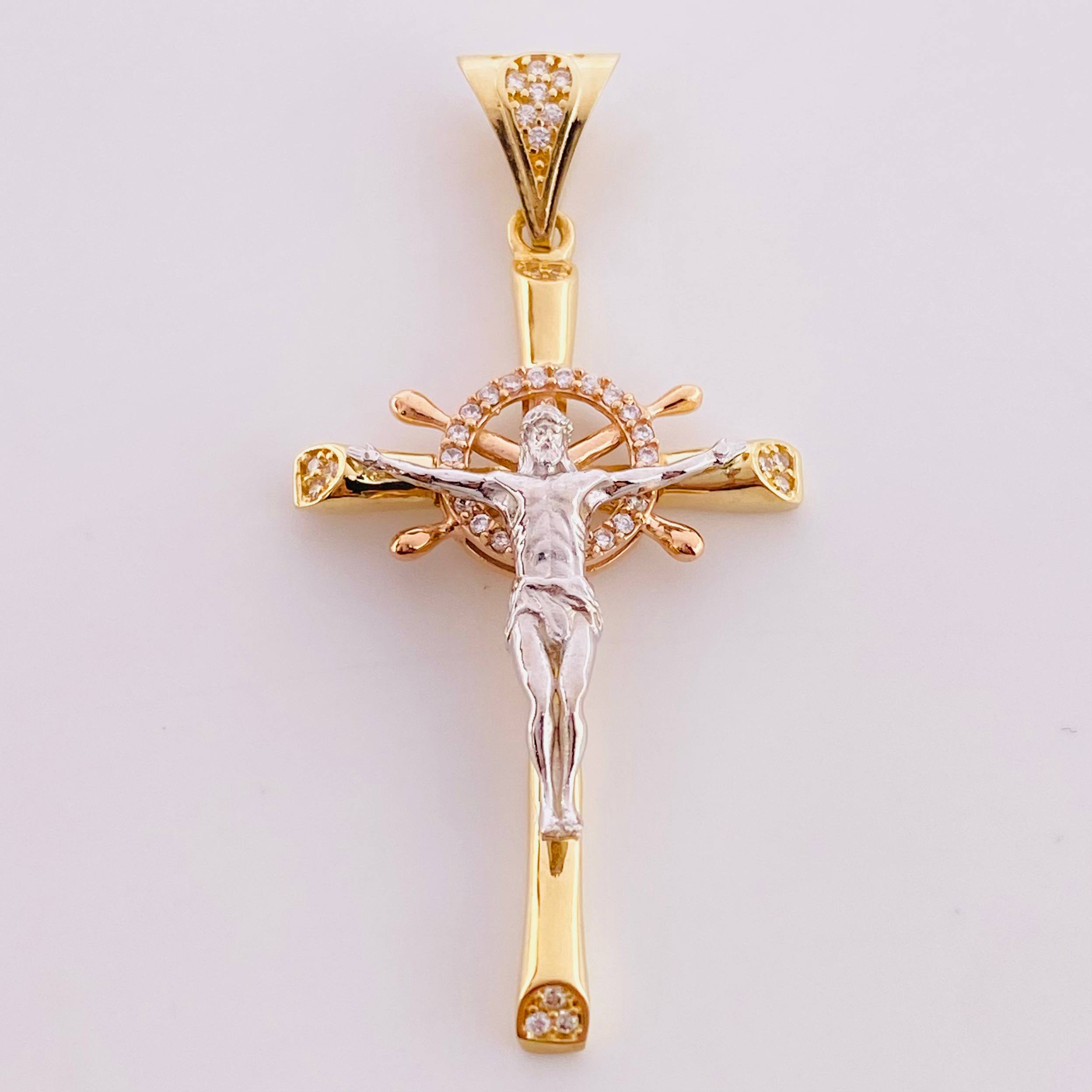Pendant Cross Christ Wheel 5.25 g / 1 3/4 in Three Golds 18K