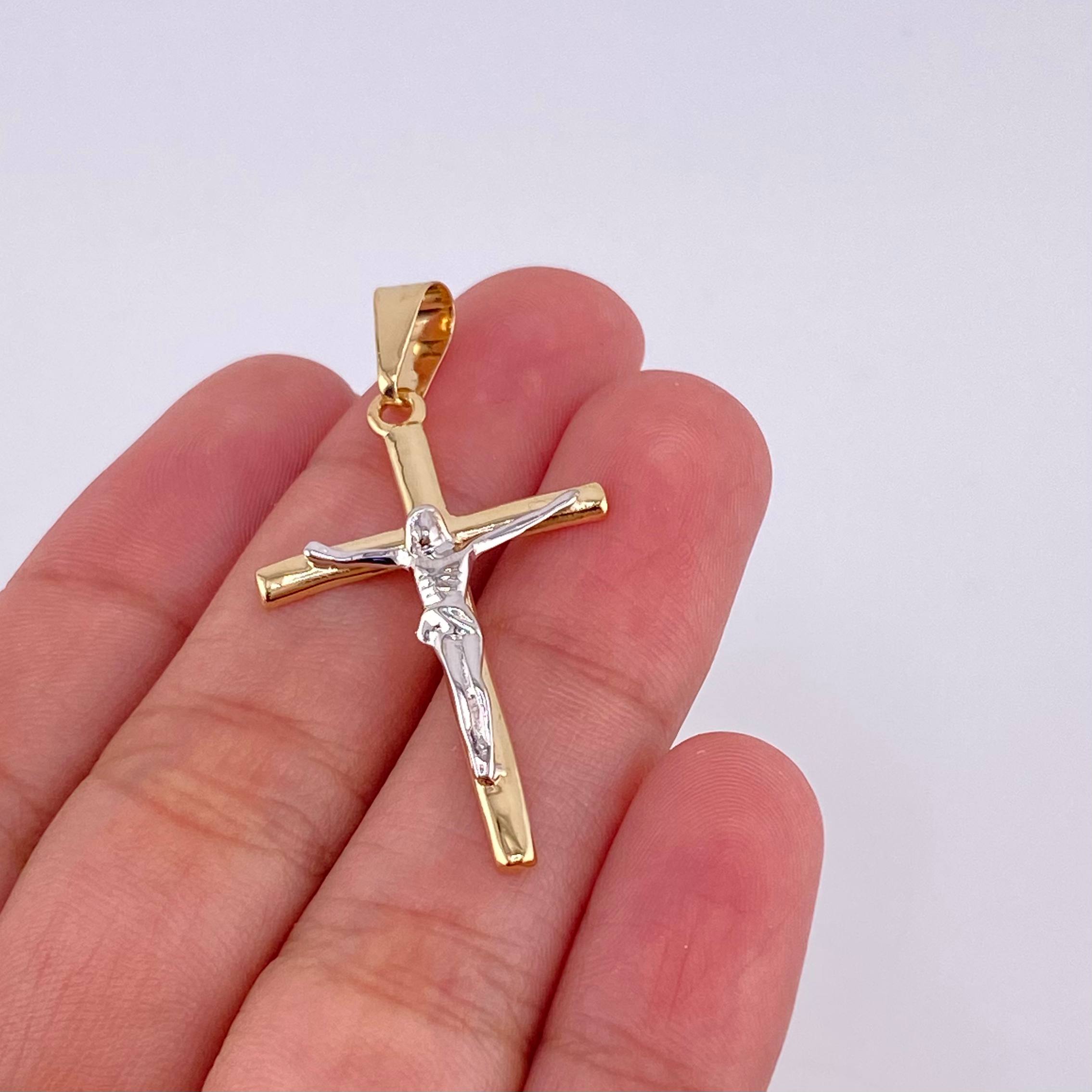 Dije Cruz Cristo 2.15 g / 1 3/4 in Dos Oros Amarillo Blanco 18K