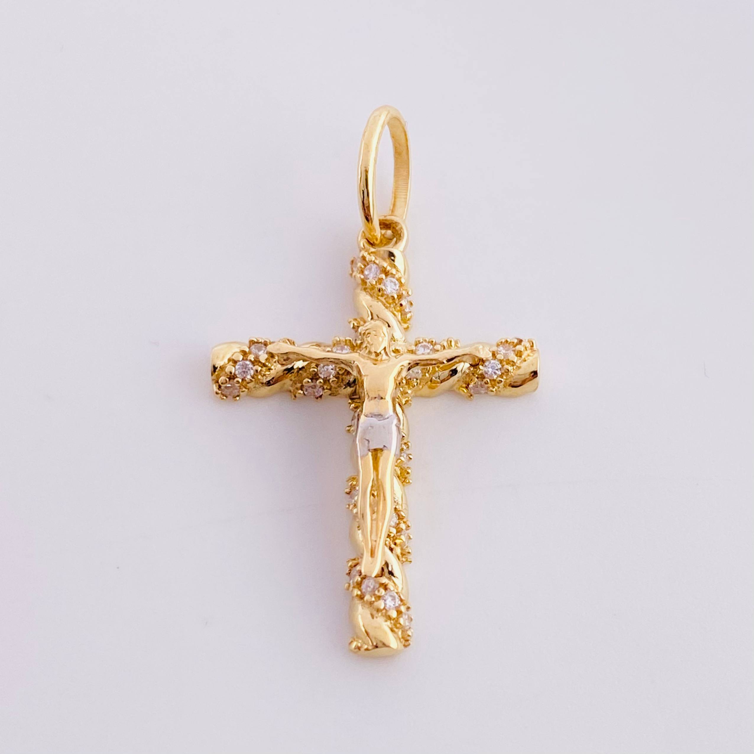 Pendant Cross Christ 1.95 g / 1 1/4 in Two-Tone Yellow White Gold 18K
