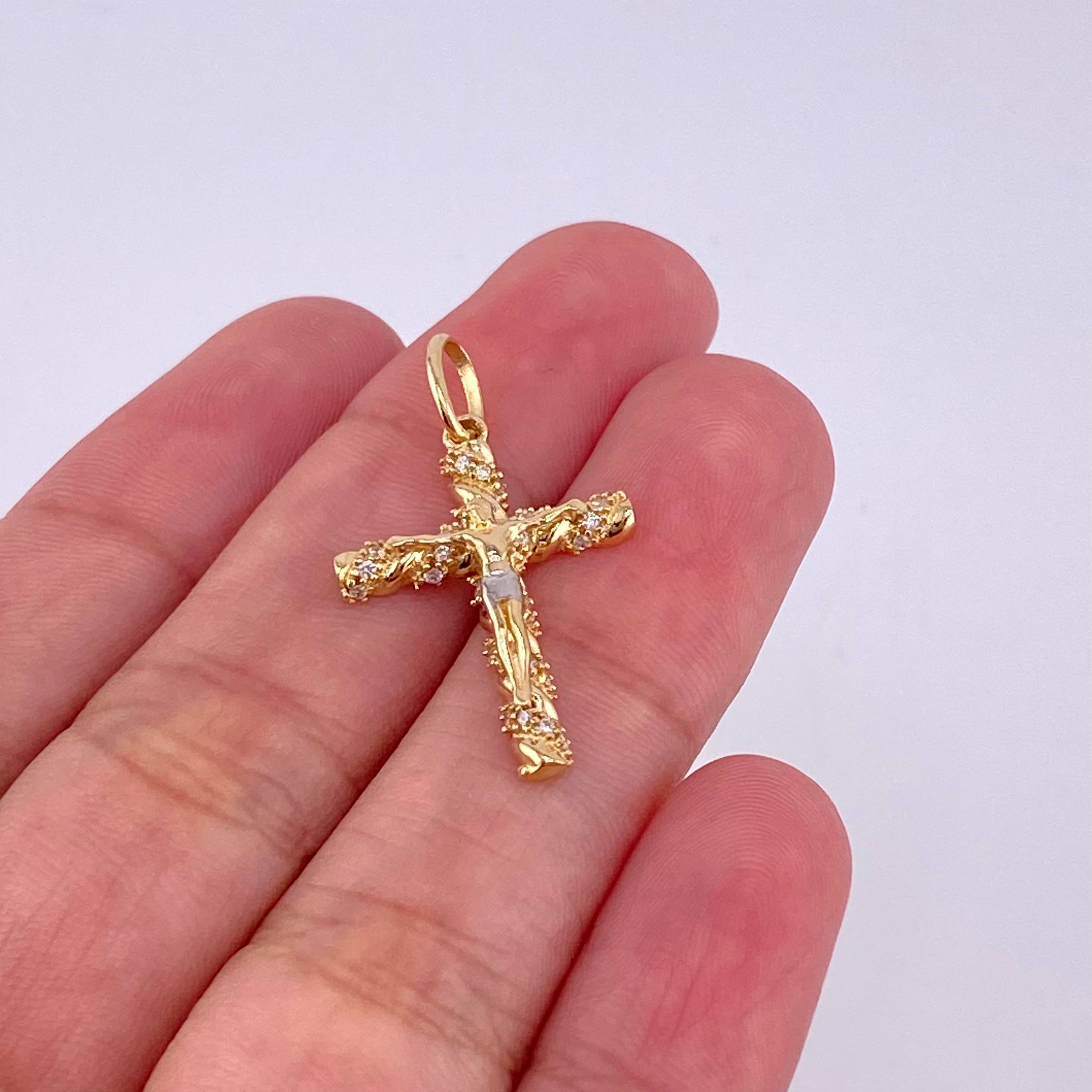 Pendant Cross Christ 1.95 g / 1 1/4 in Two-Tone Yellow White Gold 18K