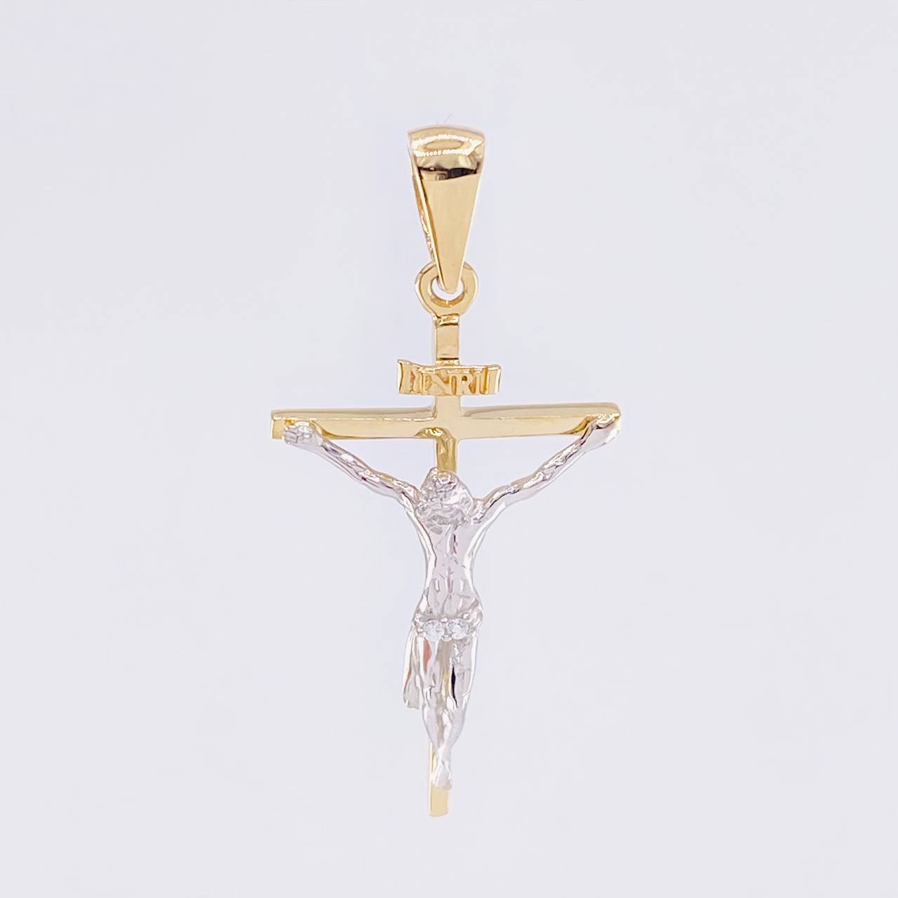 Dije Cruz Cristo 2.35 g / 1 1/2 in Dos Oros Amarillo Blanco 18K