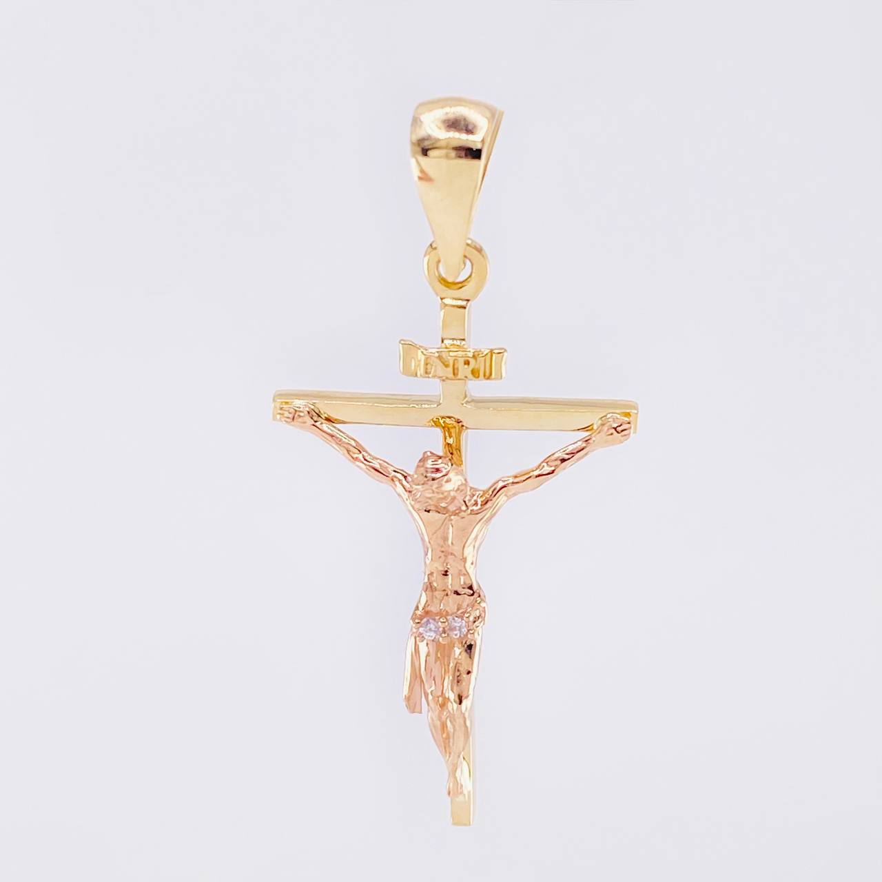Dije Cruz Cristo 2.4 g / 1 1/4 in Dos Oros Amarillo Rosa 18K