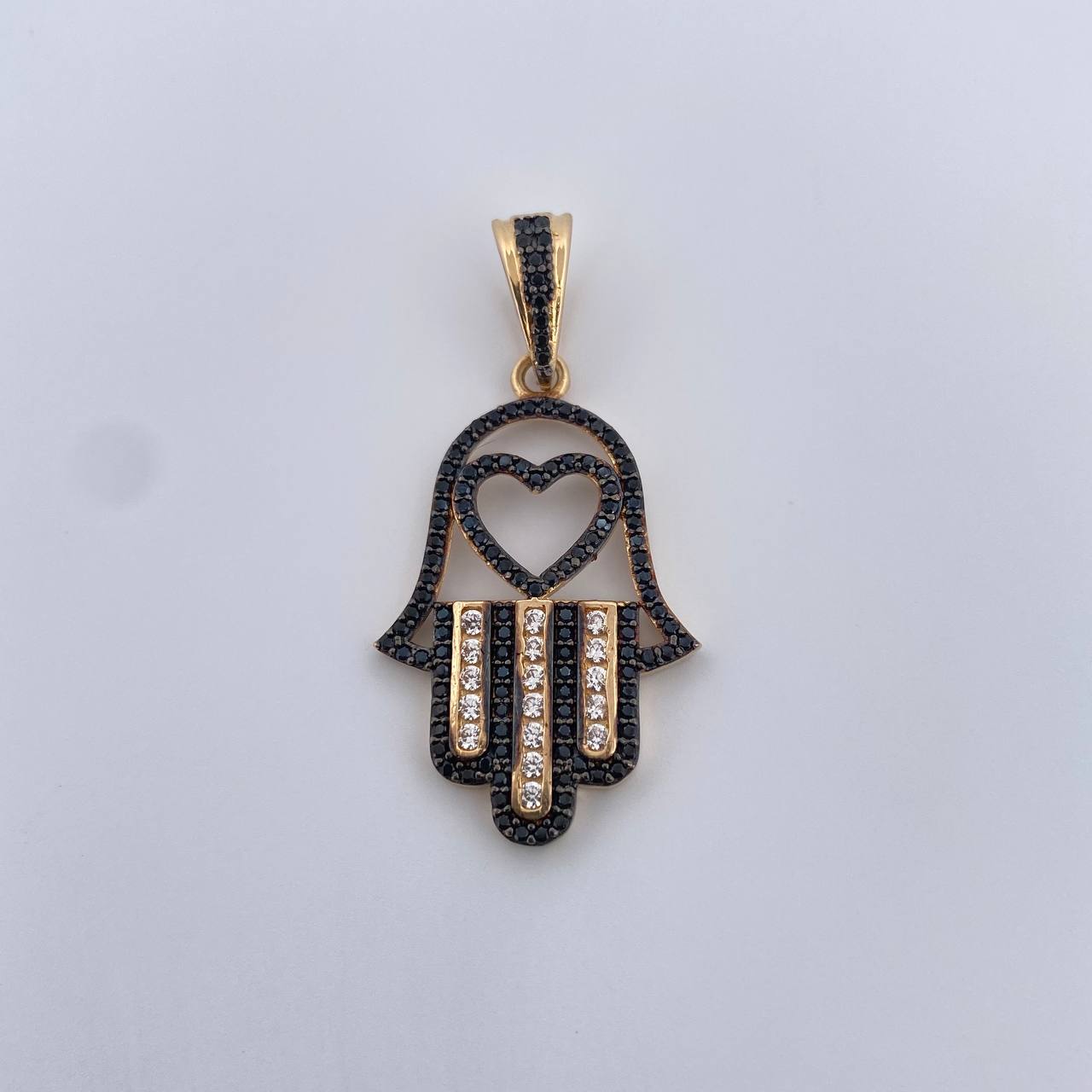Dije Mano Hamsa 4.3gr / 4cm / Circones Negros Blancos Oro Amarillo 18K &