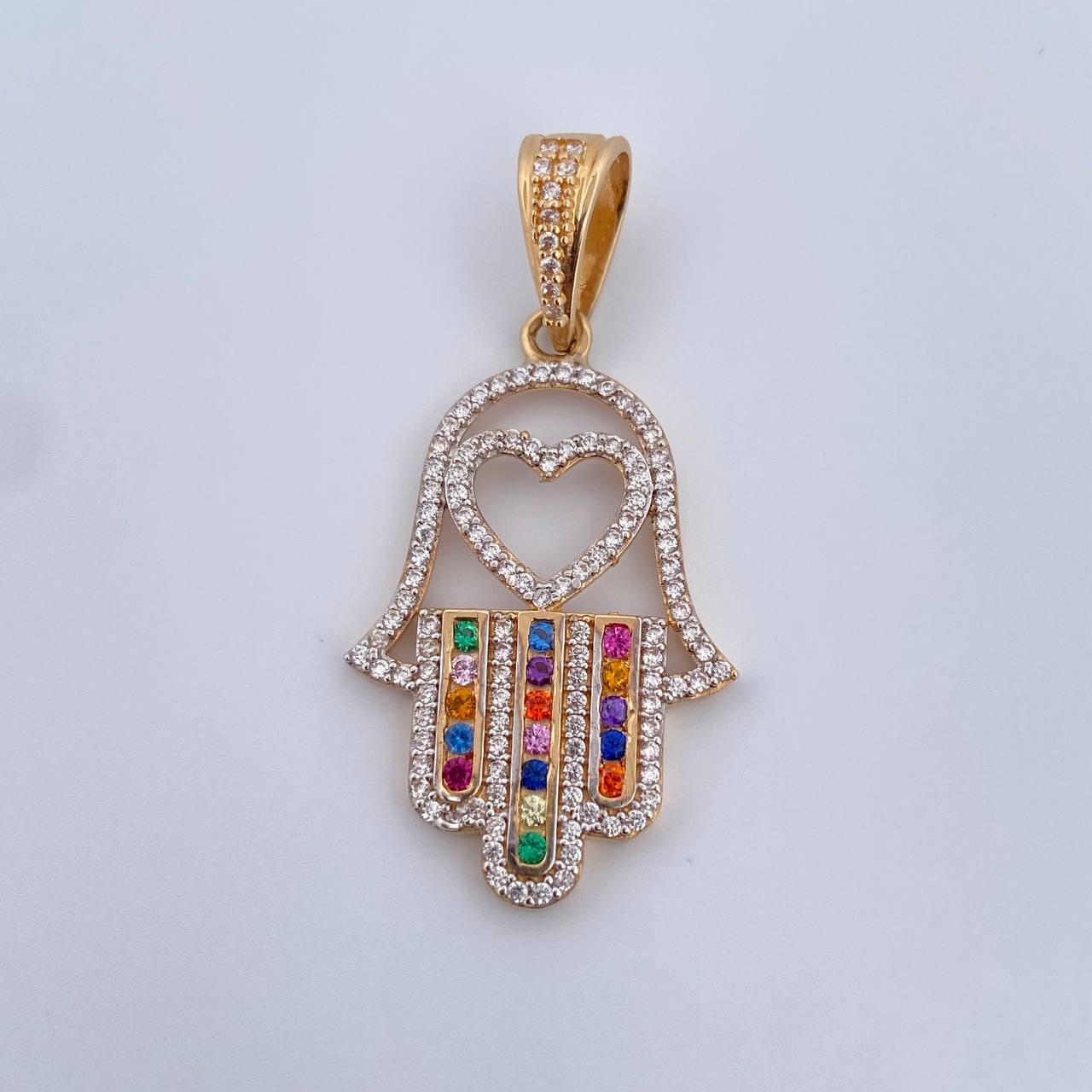 Pendant Hamsa Hand 4.35gr / 3.8cm / Colored Zircons 18K Yellow Gold &