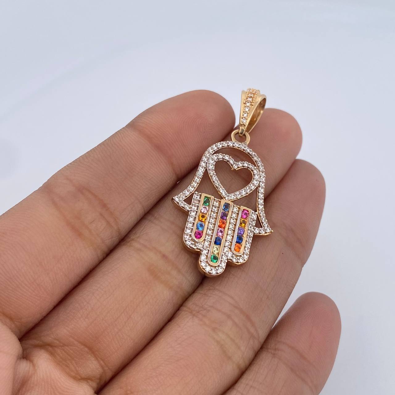 Pendant Hamsa Hand 4.35gr / 3.8cm / Colored Zircons 18K Yellow Gold &