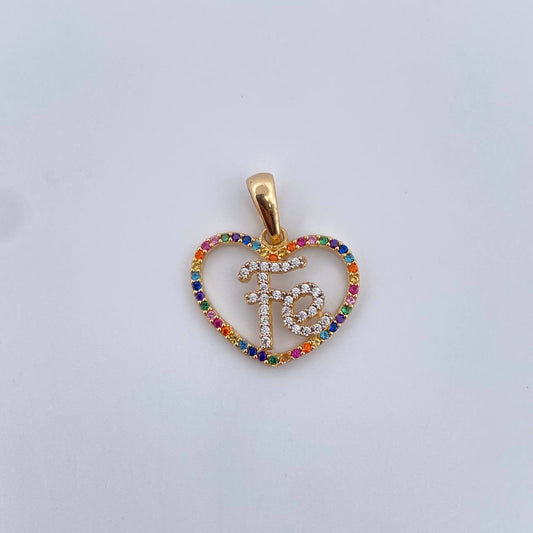 Pendant Heart Silhouette Faith 1.8gr / 2.2cm / Colored Zircons 18K Yellow Gold &