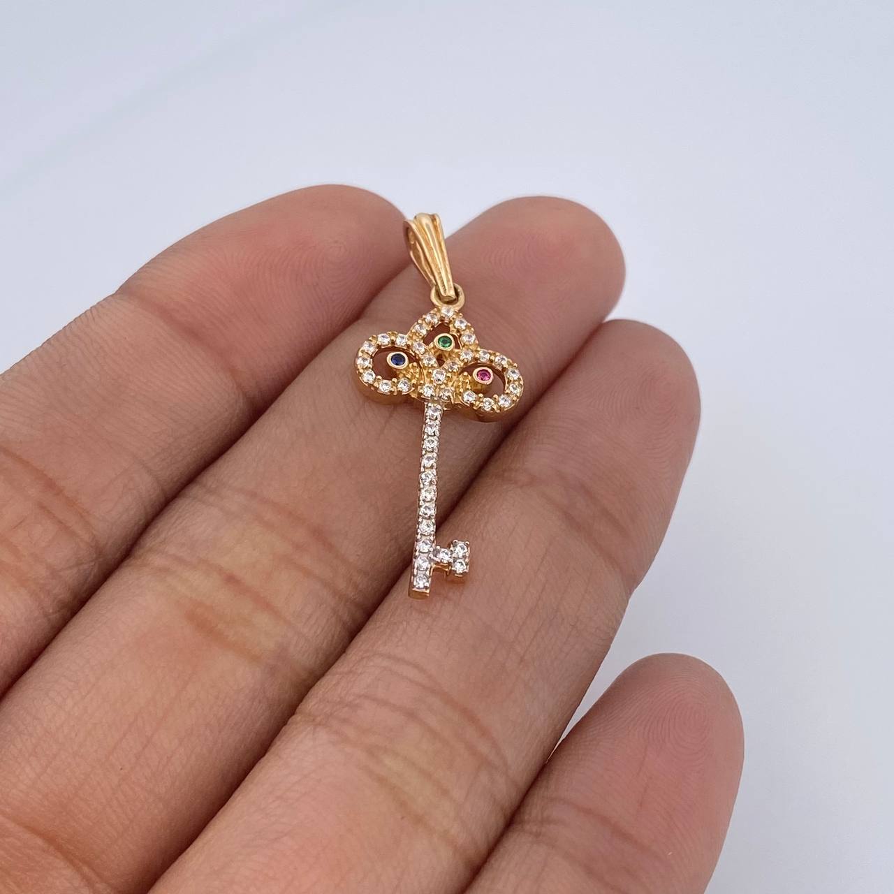 Pendant Key 1.4gr / 1.3in / Colored Zircons Two Tone Yellow White 18K &