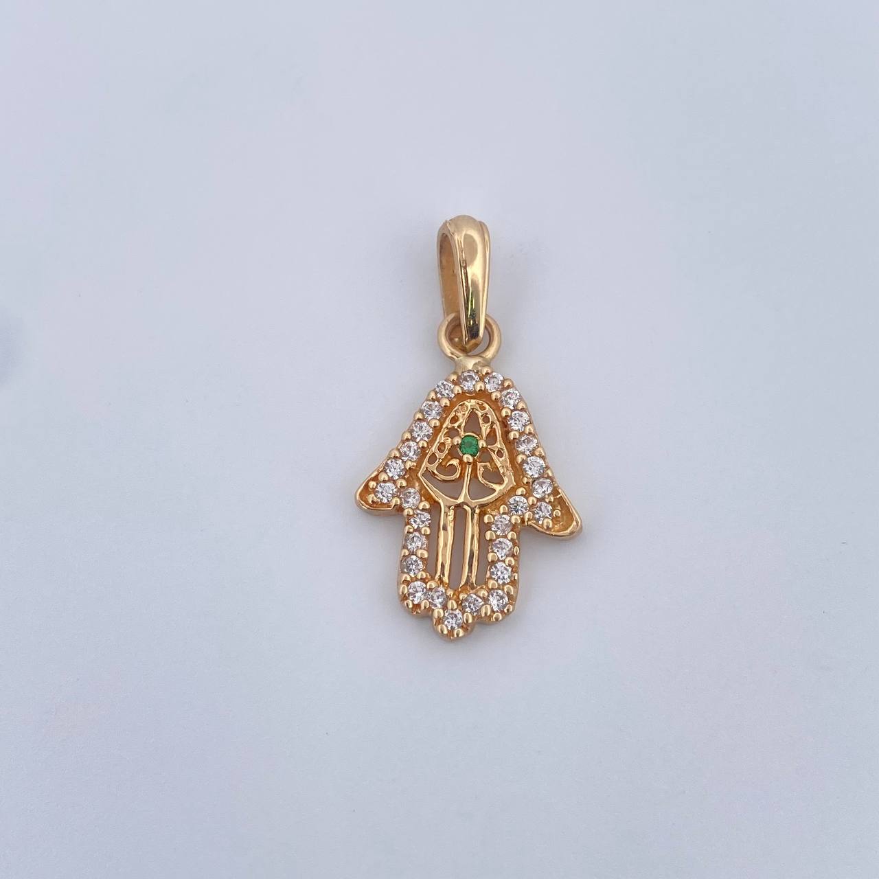 Pendant Hamsa Hand 1.6gr / 2.6cm / White Zircons Green 18K Yellow Gold &